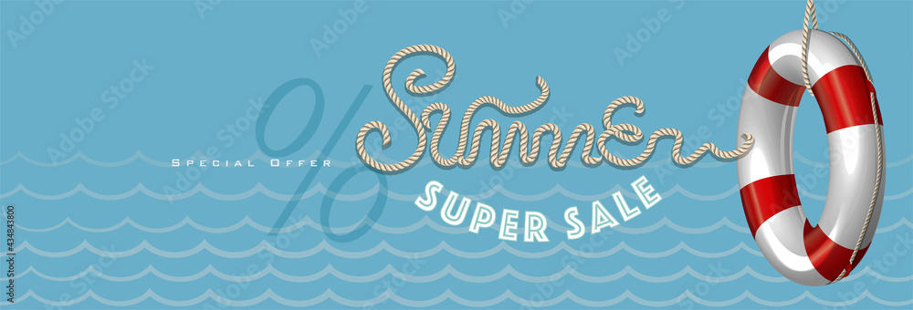 Summer sale with rope text style and lifebuoy marketing template. EPS 10 Vector Illustration for greeting card, ad, promotion, poster, flier, blog, article and social media. - obrazy, fototapety, plakaty 