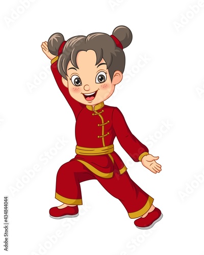 Cartoon girl doing physical exercise wushu