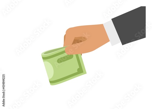 Businessman hand giving folded paper money. 