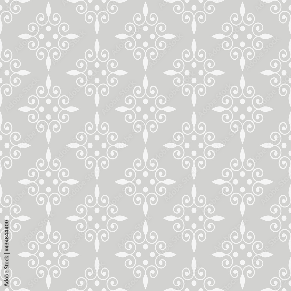 Decorative background pattern with floral white ornament on a gray background, retro style wallpaper. Seamless pattern, texture. Vector image Decorative background pattern with floral white ornament on a gray background, retro style wallpaper. Seamless pattern, texture. Vector image