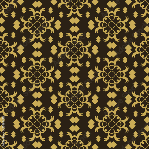 Background pattern with floral gold ornament on black background, wallpaper. Seamless pattern, texture. Vector art