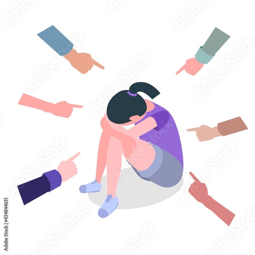 A little girl sits and covers her head with her hands, people point at her with a finger, bullying and shaming
