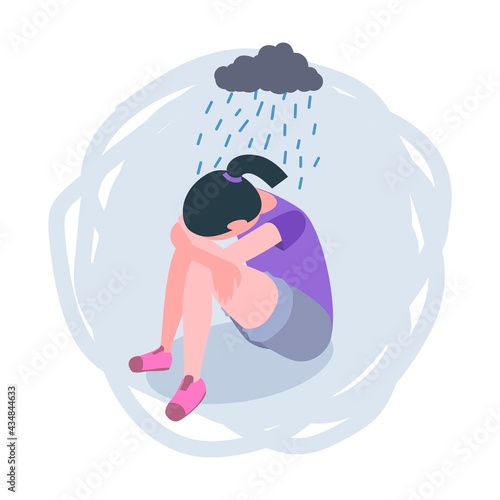 Crying little girl sitting and covering her head with her hands