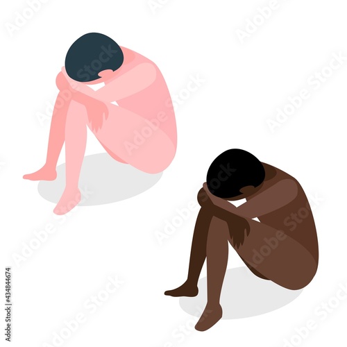Naked man sitting bent over and covering his head with his hands, crying man