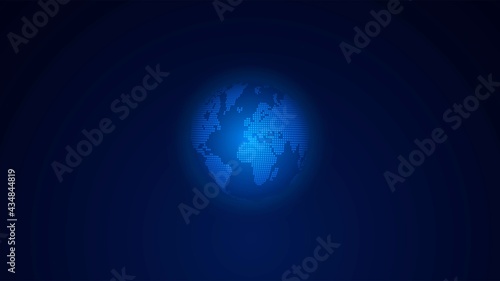 Dark background with small blue glowing digital Earth in the center
