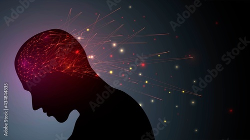 Head silhouette with red glowing brain mesh and sparks
