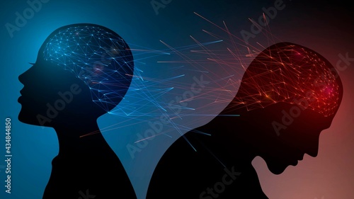 Silhouette of woman and man with glowing mesh brains, blue and red opposites
