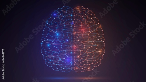 Glowing mesh brain with blue and red hemispheres