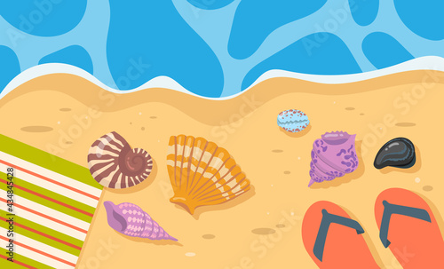Seashells, towel ad flip-flops on sand cartoon illustration. Sandals, blanket, colorful shells lying near blue water. Holiday, vacation, summer, traveling concept