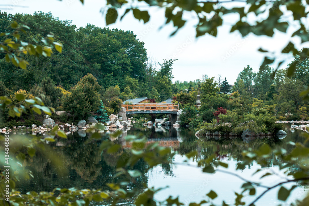 Landscape of the bridge in the japanese garden at the Frederik Meijer Gardens