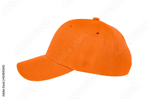 Baseball cap color orange close-up of side view on white background
 photo