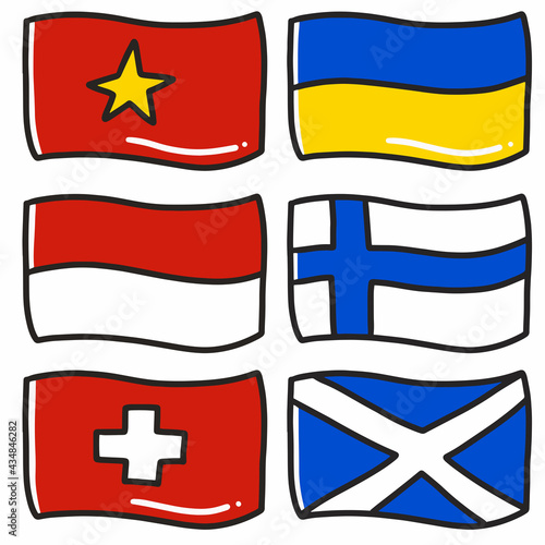 illustration of the flags of six world countries hand-drawn doodle art and design element