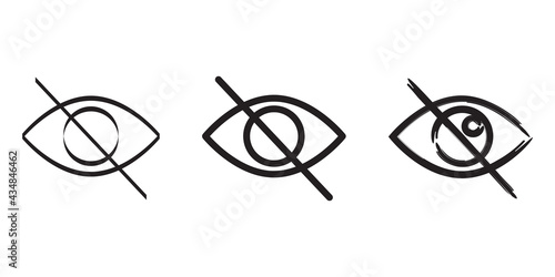 Crossed out eye. Search icon. Vector graphic. Sensitive content sign. Social media icon. Vector illustration. Stock image.