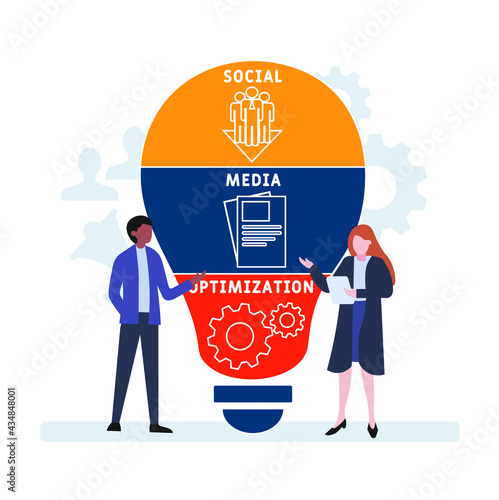 Flat design with people. SMO - Social Media Optimization acronym. business concept background. Vector illustration for website banner, marketing materials, business presentation, online advertising