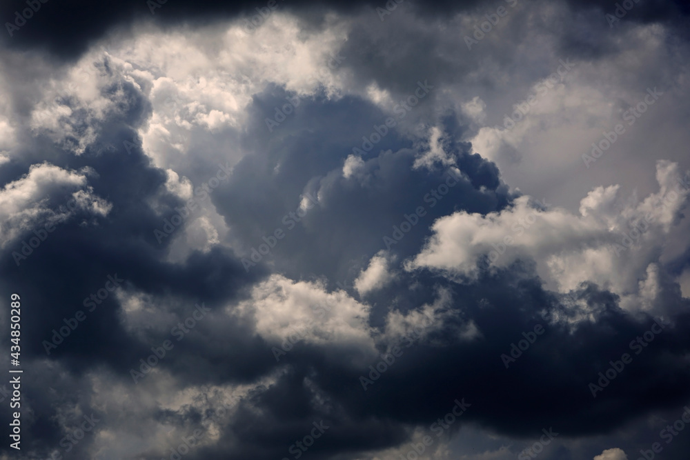 Stormy cumulus clouds view. Dramatic sky before a thunderstorm. Dark ominous low clouds. Cloudy gloomy sky background for design.