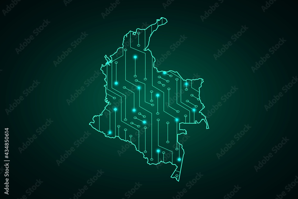 Map of Colombia, network line, design sphere, dot and structure on dark background with Map Colombia, Circuit board. Vector illustration. Eps 10