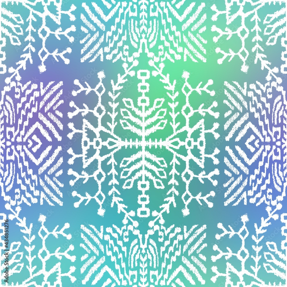 Seamless gradient mesh blurry background tribal ethnic rug motif pattern. High quality illustration. White hand drawn boho gipsy design on blue and green faded backdrop. Holographic iridescent look. Seamless gradient mesh blurry background tribal ethnic rug motif pattern. High quality illustration. White hand drawn boho gipsy design on blue and green faded backdrop. Holographic iridescent look.
