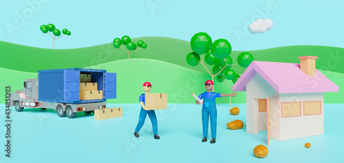 Fototapeta Naklejka Na Ścianę i Meble -  Courier man and cargo box with truck and home at countryside in blue composition ,delivery service business concept ,3d illustration or 3d render