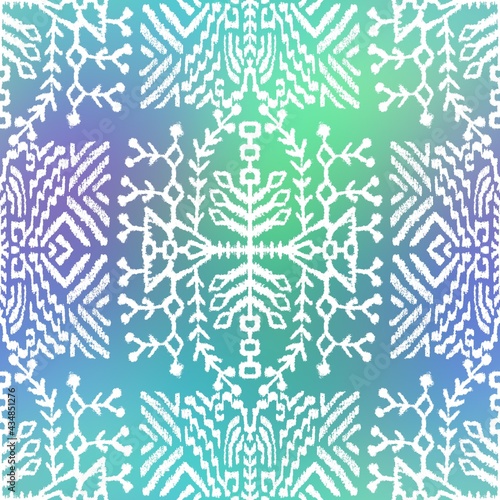 Seamless gradient mesh blurry background tribal ethnic rug motif pattern. High quality illustration. White hand drawn boho gipsy design on blue and green faded backdrop. Holographic iridescent look.