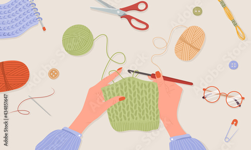 Crochet knitting process. Female hands with hook and thread. Balls of yarn. Top view of the workplace. Tailor shop elements. Hand drawn vector illustration in flat cartoon style.
