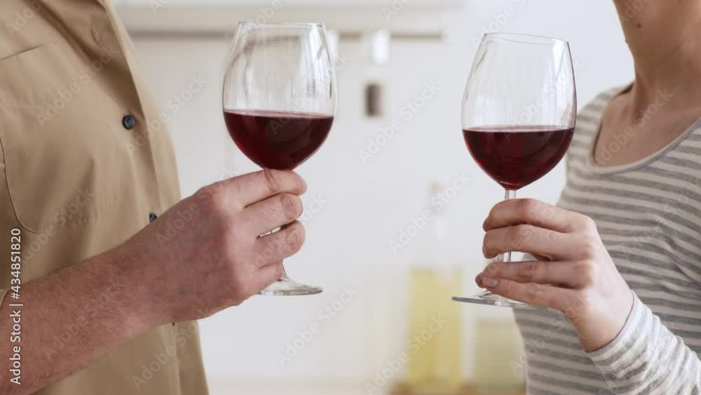 Unrecognizable Spouses Drinking Red Wine And Clinking Glasses Indoors, Cropped Unrecognizable Spouses Drinking Red Wine And Clinking Glasses Indoors, Cropped