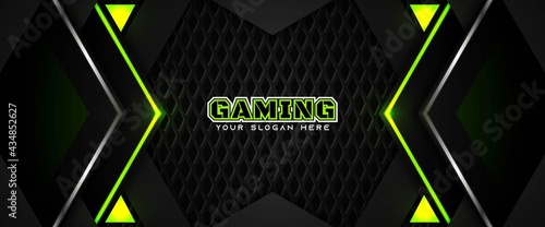 Futuristic green abstract gaming banner design template with metal technology concept. Vector illustration for business corporate promotion, game header social media, live streaming background
