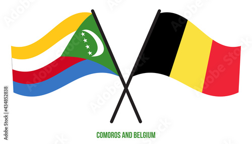 Comoros and Belgium Flags Crossed And Waving Flat Style. Official Proportion. Correct Colors.
