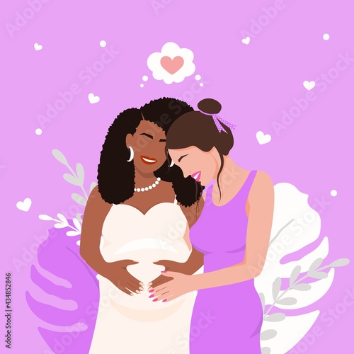 Happy lesbian couple expecting baby illustration. African american pregnant woman and white girl smiling. Dreams of imminent baby. Long awaited eco conception in caring homosexual vector parents