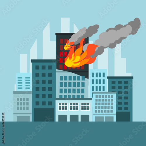 Fire burning tower of city building. Orange flames in the windows and smoke. Building fire flat design vector illustration.	