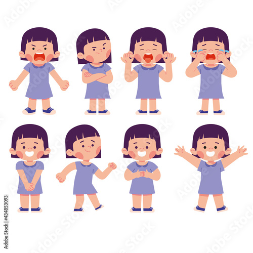 Set of girl kid child characters face expression emotion happy stress sad frustration.