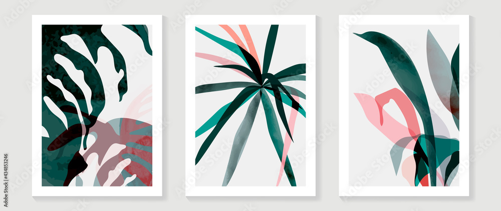 Abstract art tropical leaves background vector. wall art design with ...