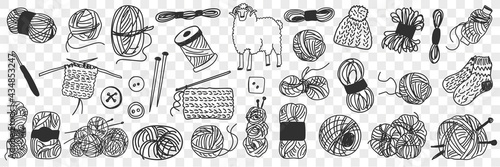 Production of wool doodle set. Collection of hand drawn wool for knitting and sewing and sheep for cutting various isolated on transparent background 
