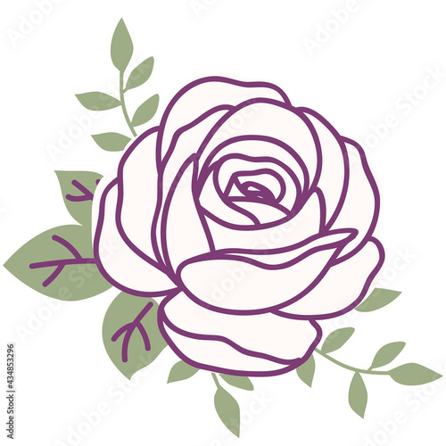 Decorative pink rose silhouette with green leaves. Vector illustration. Ornamental flower icon for embroidery design	