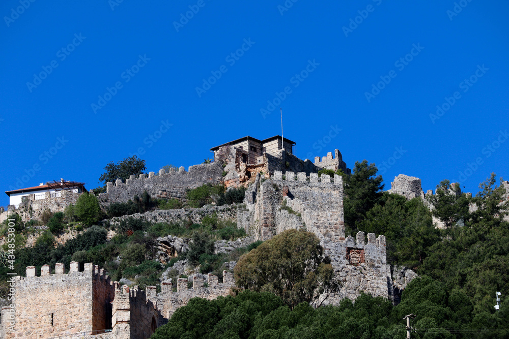 medieval wall and towers of Alanya fortress in Turkey