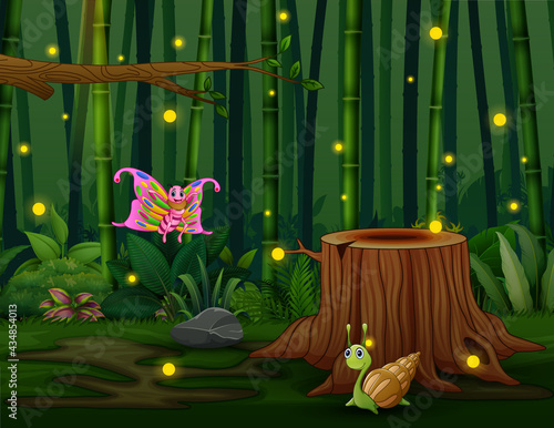 Cartoon of many insects with fireflies in the garden