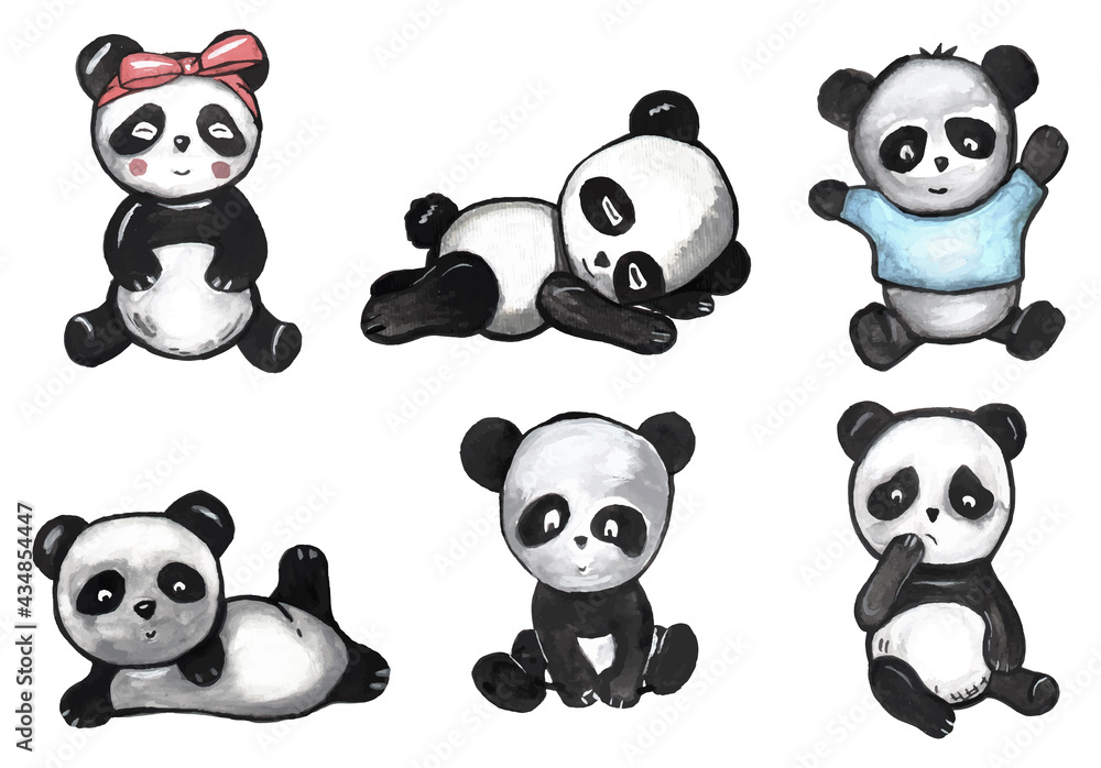 cute watercolor pandas. vector illustration. EPS format
