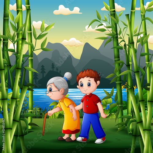 Cartoon boy helping his grandmother walk in the park