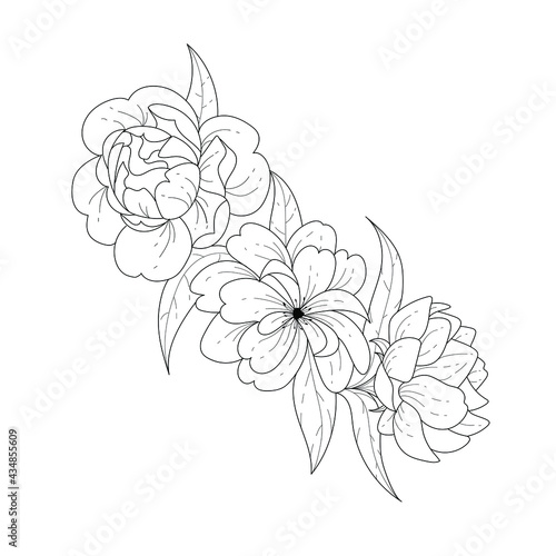 Sketch floral botany collection. Black and white bouquet  linear art on a white background. Hand drawing of a flower. Botanical illustrations. Vector.