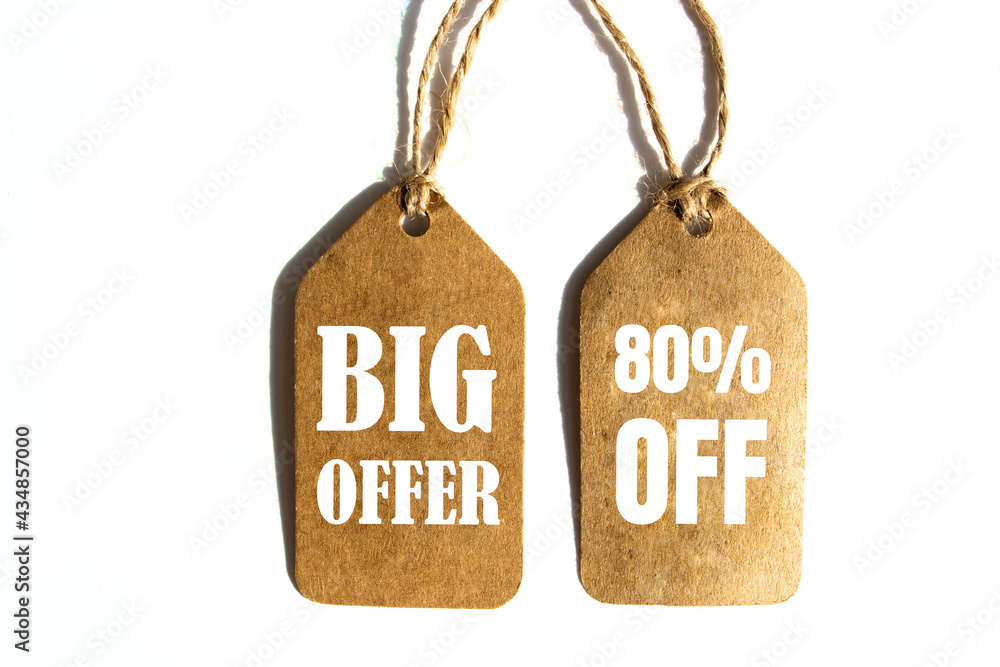 Big Offer 80% off price tag with brown string on white background