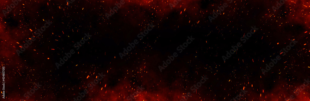 Fire embers particles over black background. Fire sparks background. Abstract dark glitter fire particles lights.	
