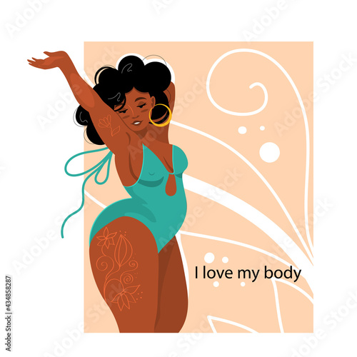 Bodie is a positive plump African American. A girl of large sizes in a closed swimsuit. A plump, large model with tattoos on her body. Flat vector illustration.