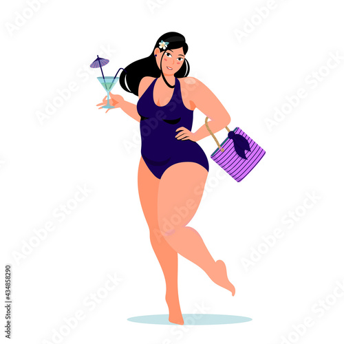 Body-positive chubby girl in a swimsuit on the beach with a cocktail and a handbag. A girl of large sizes in a closed full-length swimsuit. The girl is going to relax on the beach. 