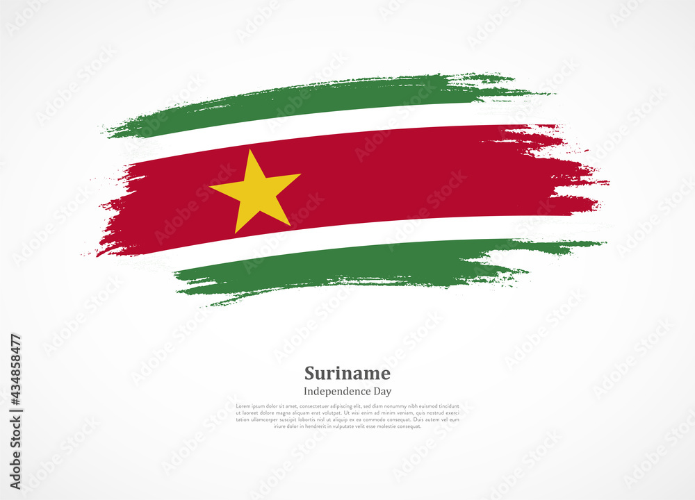 Happy independence day of Suriname with national flag on grunge texture