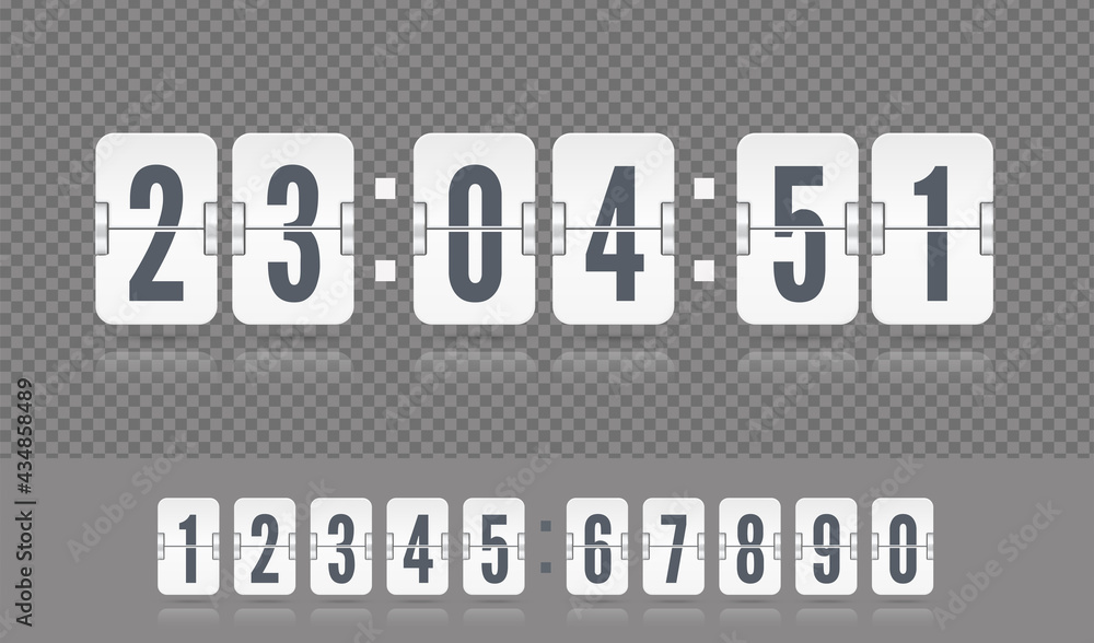 Coming soon web page design template of flip time counter with reflection on dark background. White scoreboard number font. Vector modern ui design old countdown timer with numbers. Coming soon web page design template of flip time counter with reflection on dark background. White scoreboard number font. Vector modern ui design old countdown timer with numbers.