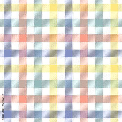 Gingham pattern colorful vector for Easter spring designs. Seamless tartan vichy check plaid in purple blue, green, coral pink, yellow, white for picnic blanket or other modern fashion textile print.