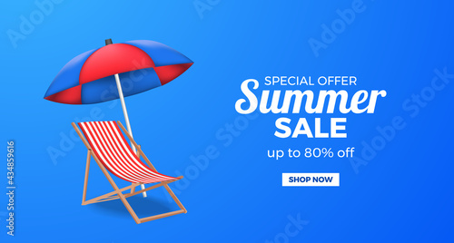 3d illustration chair relax and umbrella summer sale offer promotion banner