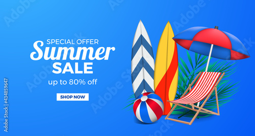 3d illustration chair relax, surfboard, ball and umbrella summer sale offer promotion banner