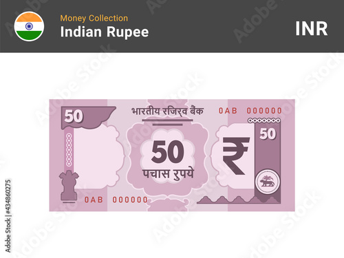 Indian rupee banknote. 50 bill paper money. Fifty INR cash. The official currency of India. Flat style. Simple minimal design. Vector illustration.