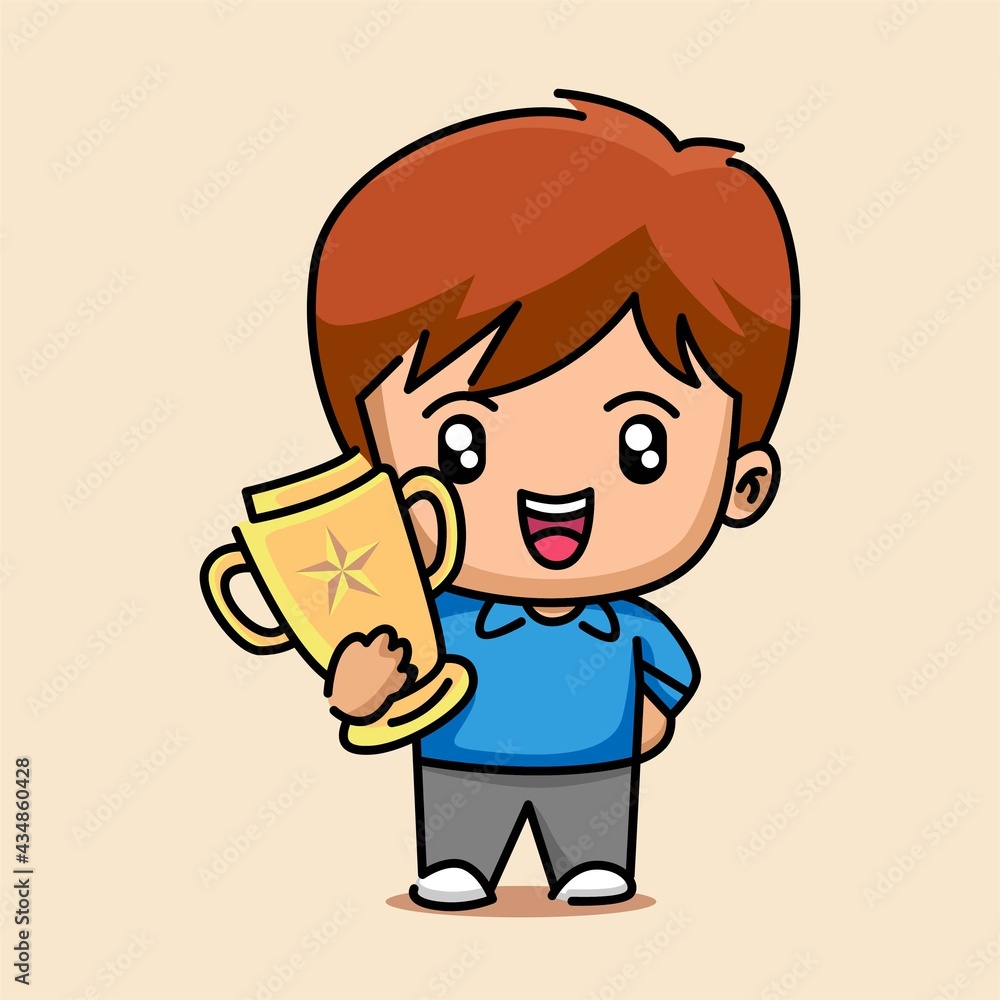 Cute boy holding trophy cartoon character illustration Cute boy holding trophy cartoon character illustration