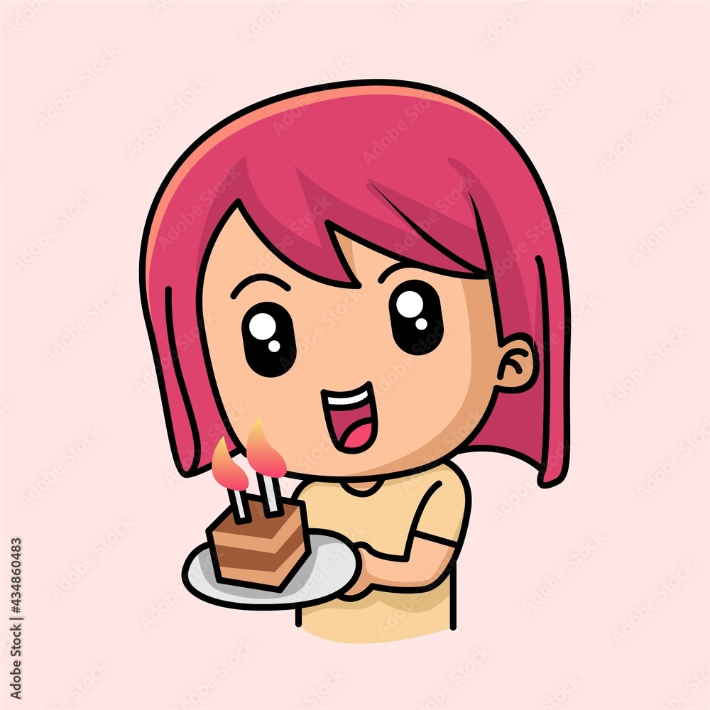 Cute girl with cake on happy birthday party cartoon illustration Cute girl with cake on happy birthday party cartoon illustration